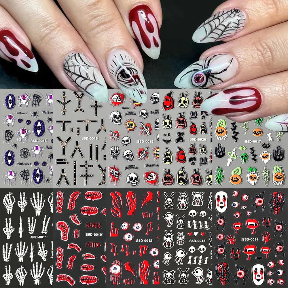 1Pcs Cartoon Halloween 5D Nail Art Sticker Skeleton Hand/Blood/Spider/Pumpkin Design Adhesive Decals DIY Party Manicure Slider #