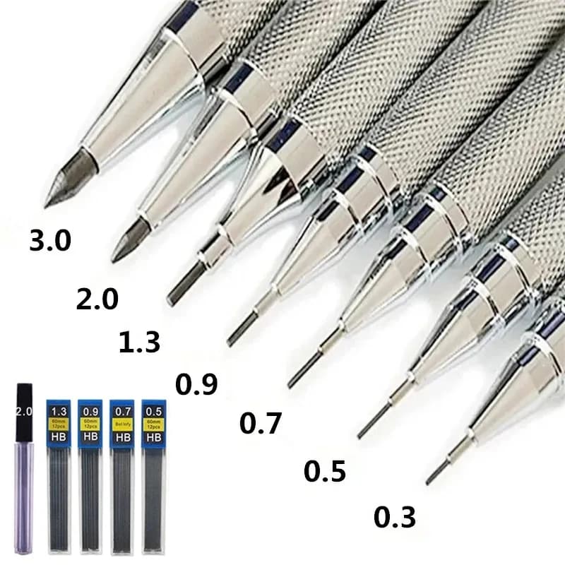 Metal Mechanical Pencil 0.3 0.5 0.7 0.9 1.3 2.0mm Drawing Automatic 2B/HB Pencil Set with Leads Office School Writing Art Sketch