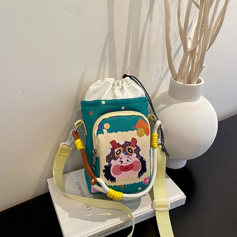 Ute Cartoon Girl Print Water Bottle Crossbody Bag Yellow Drawstring Cup Bag with Handle
