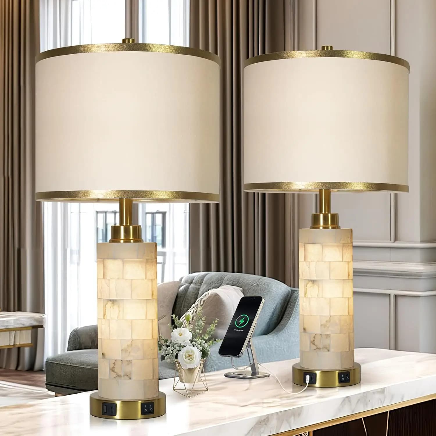 Set di 2 Lampade da Tavolo in Alabastro da 27 Pollici con Ricarica USB, Lampade da Comodino Moderne con Luce Notturna e Paralume in Lino, Lampadine Incluse