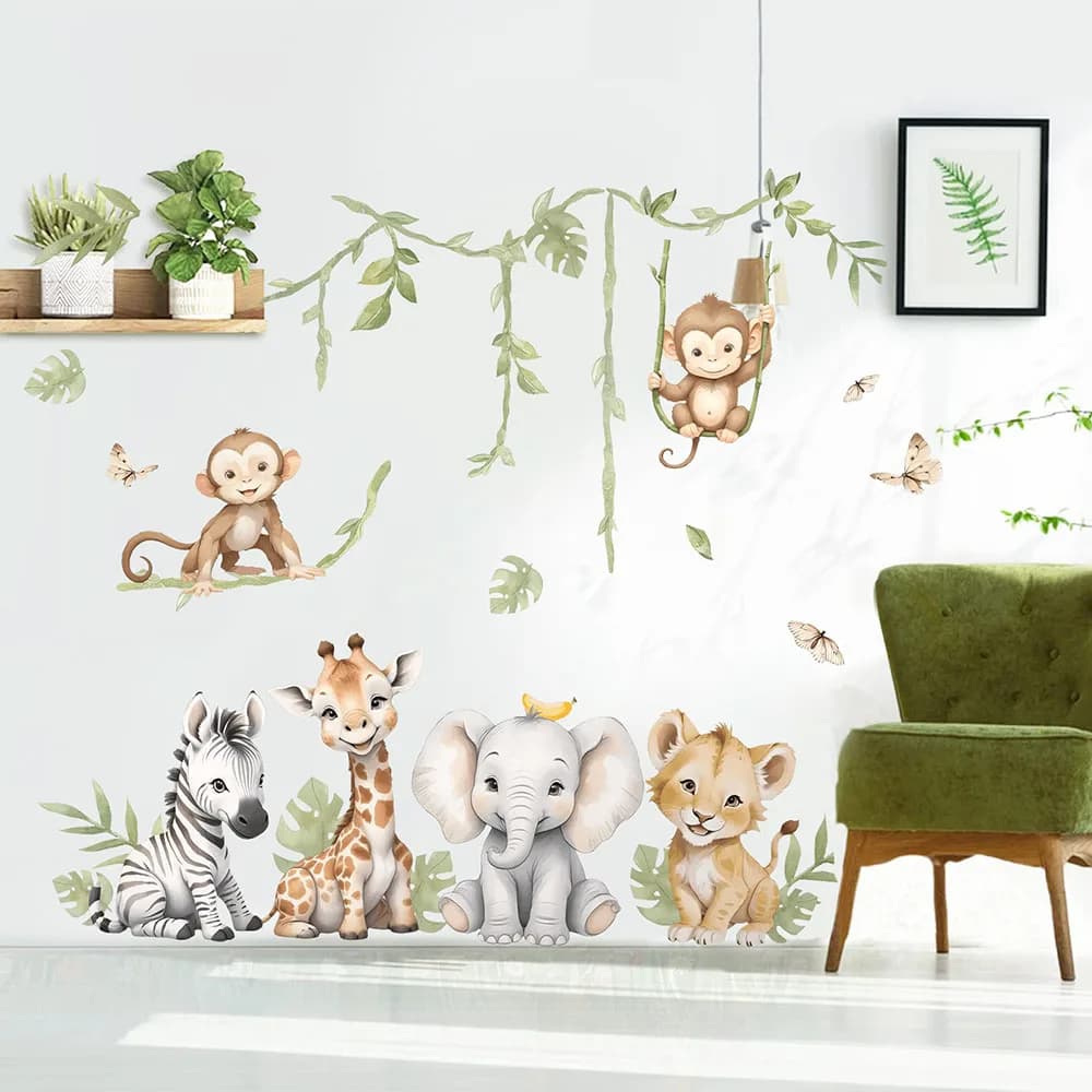 Foresta della giungla Giraffa Leone Animale Adesivo da parete Camera da letto Sala giochi Animali safari Zebra Adesivo da parete Baby Room Home Decor
