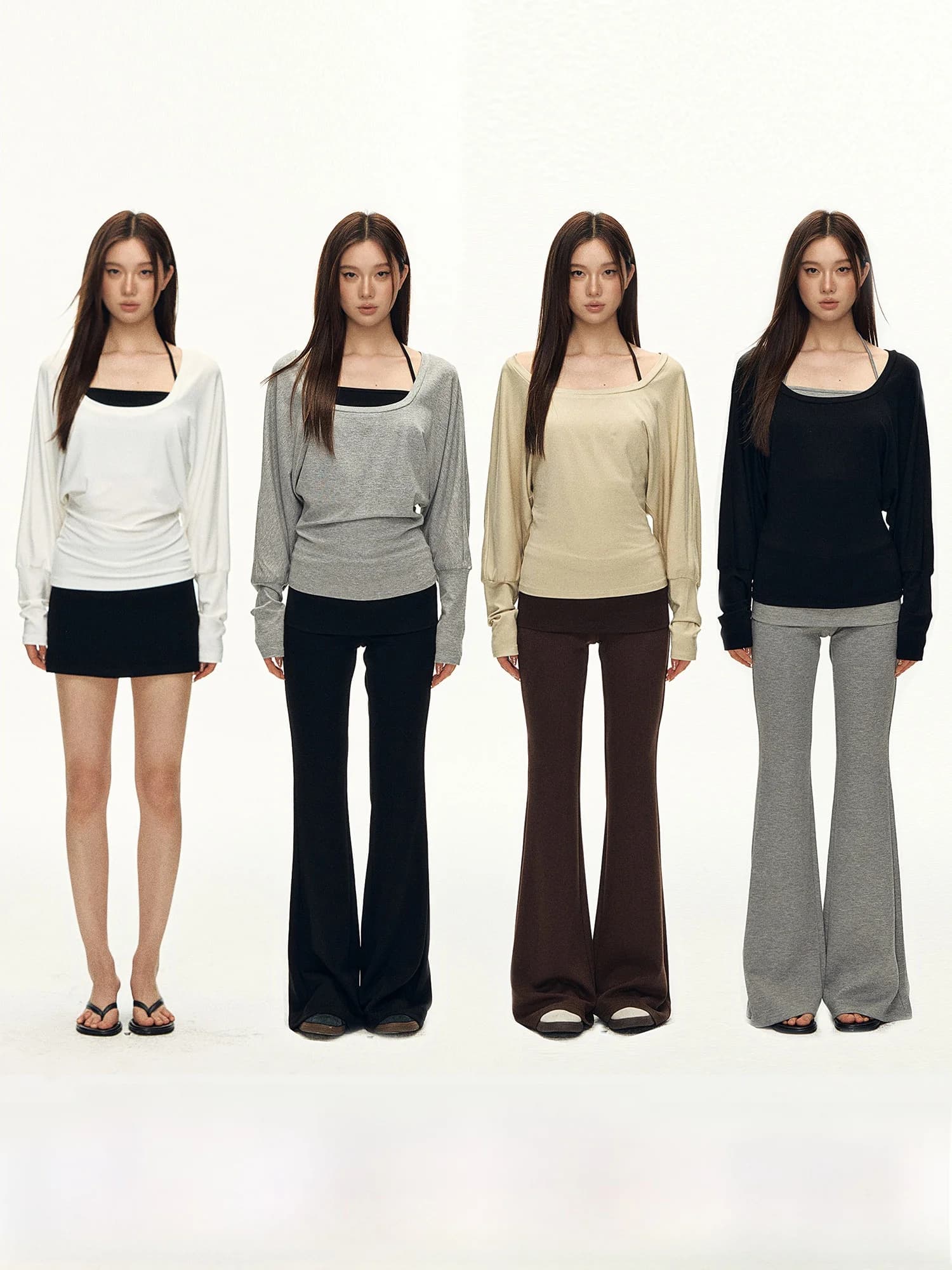 101PASSION Women's Slim Fit Long Sleeve T-Shirt U-Neck Casual Style Three-Piece Set Breathable Comfortable Pure Color Top