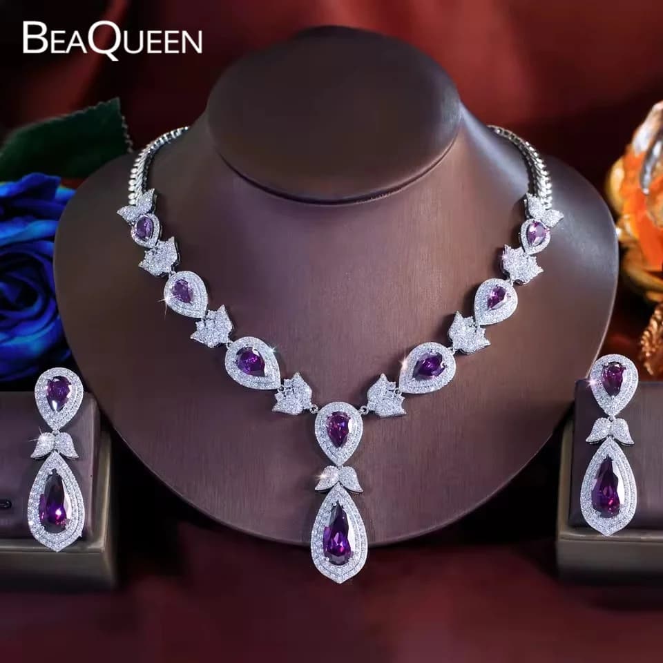 BeaQueen Gorgeous Charming Purple CZ Crystal Big Water Drop Necklace Earrings Sets for Women Engagement Party Jewelry Gift T0992