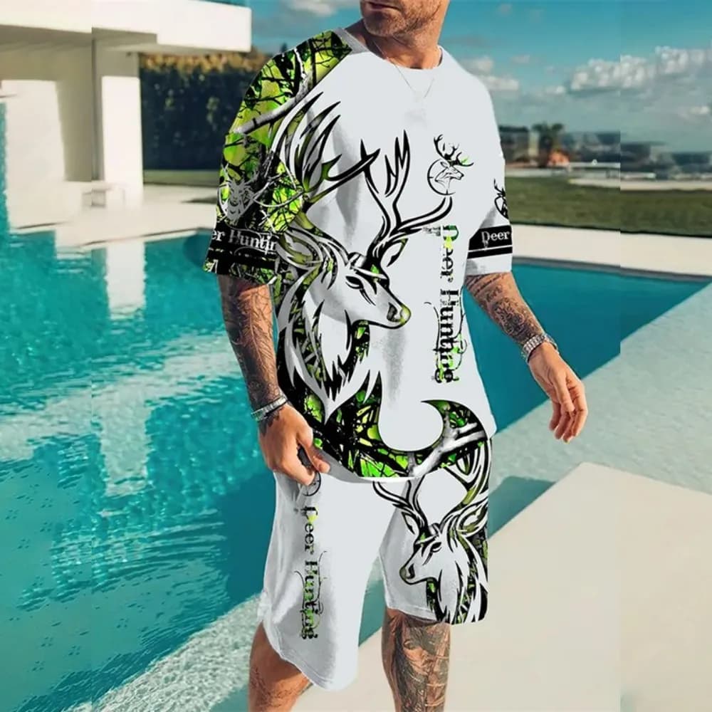 Hot selling men's new animal printed breathable round neck T-shirt shorts set outdoor casual two-piece set