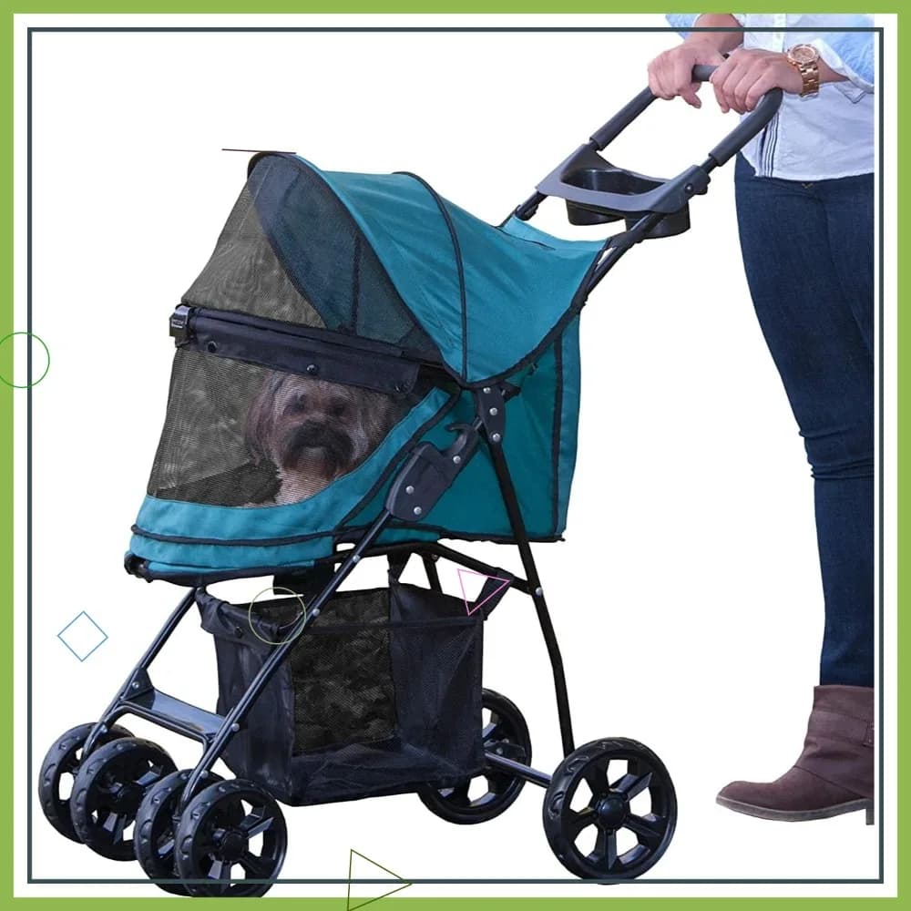 Passeggino per Animali Domestici Senza Cerniera per Gatti/Cani, Facile da Piegare, Fodera Rimovibile, Cintura di Sicurezza, Cestino Portaoggetti e Portabicchieri, 3 Colori