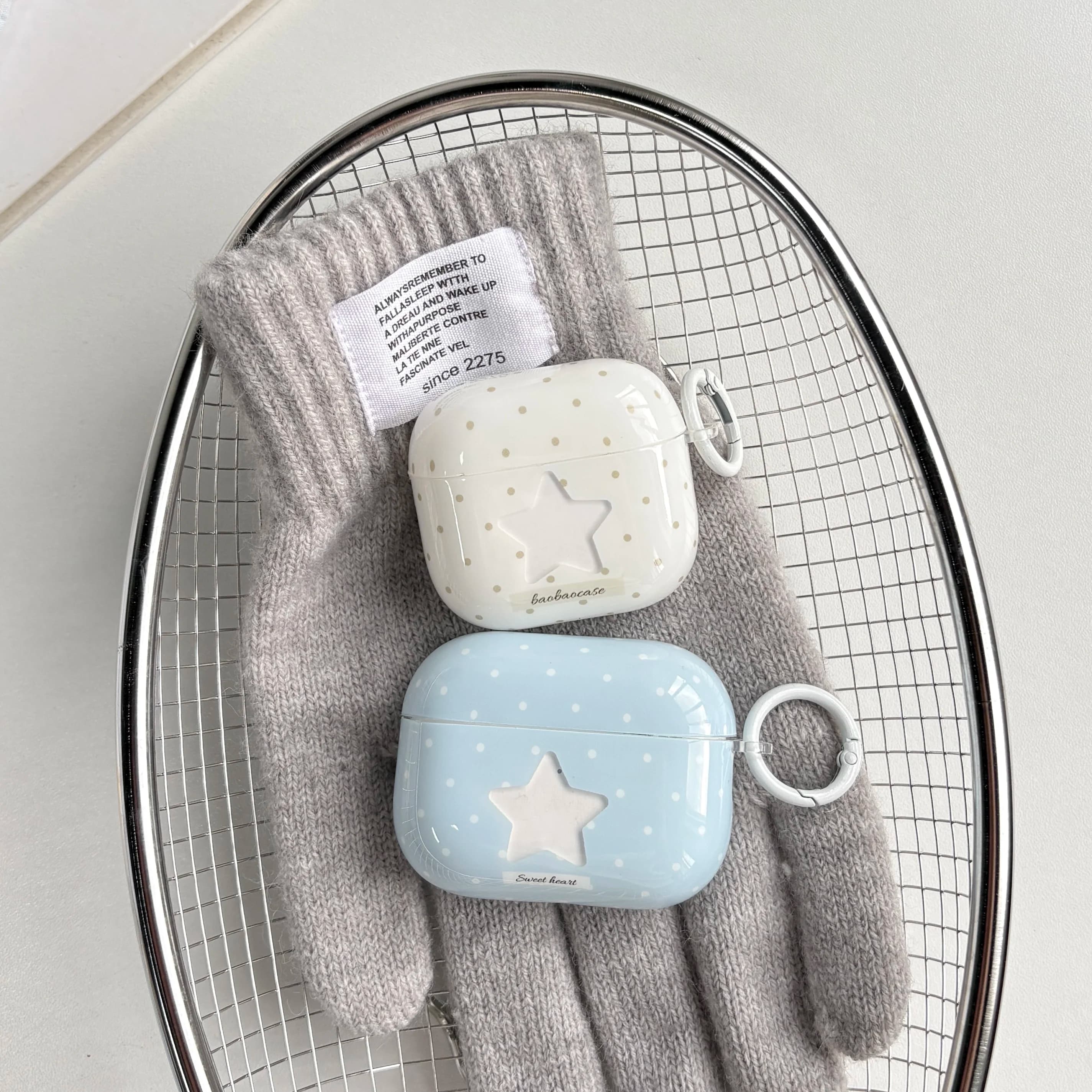Custodia per auricolari AirPods 1 2 3 4 Pro Pro2 Pro3 trasparente con stelle e piccoli pois blu e bianchi, stile semplice e alla moda