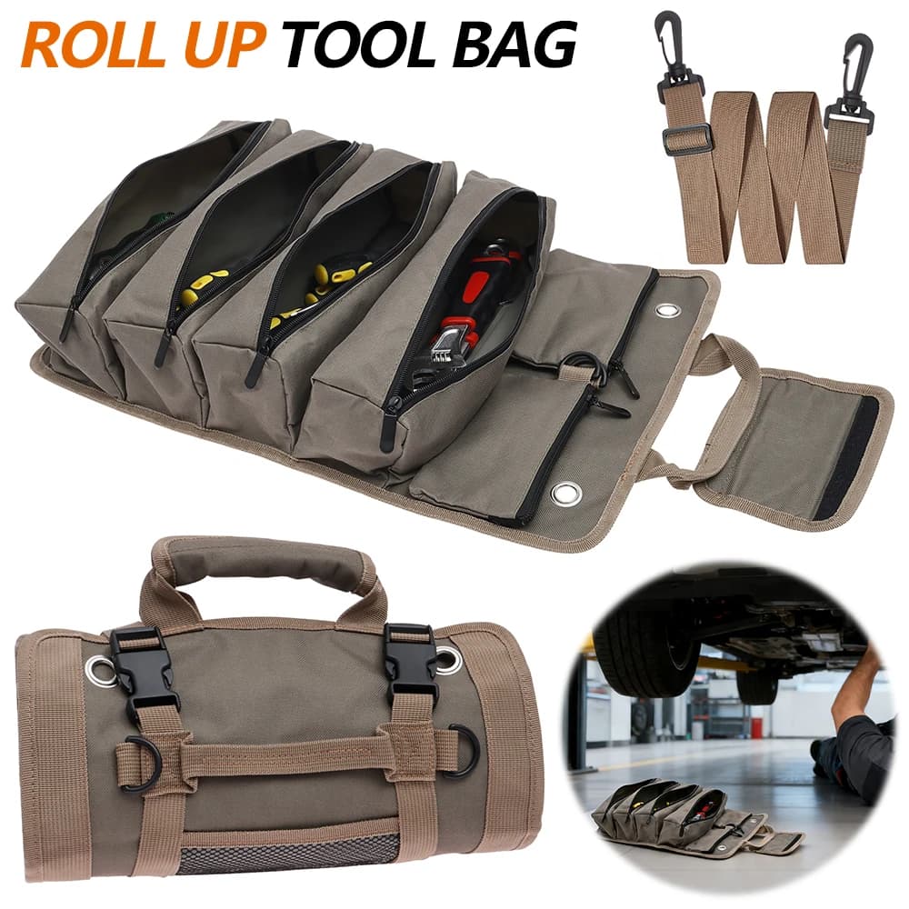 Roll Up Tool Bag Oxford Cloth Multi-pockets Tool Organiser with Carry Handle Portable Tool Wrap Storage Bag Wrench Carrier Pouch