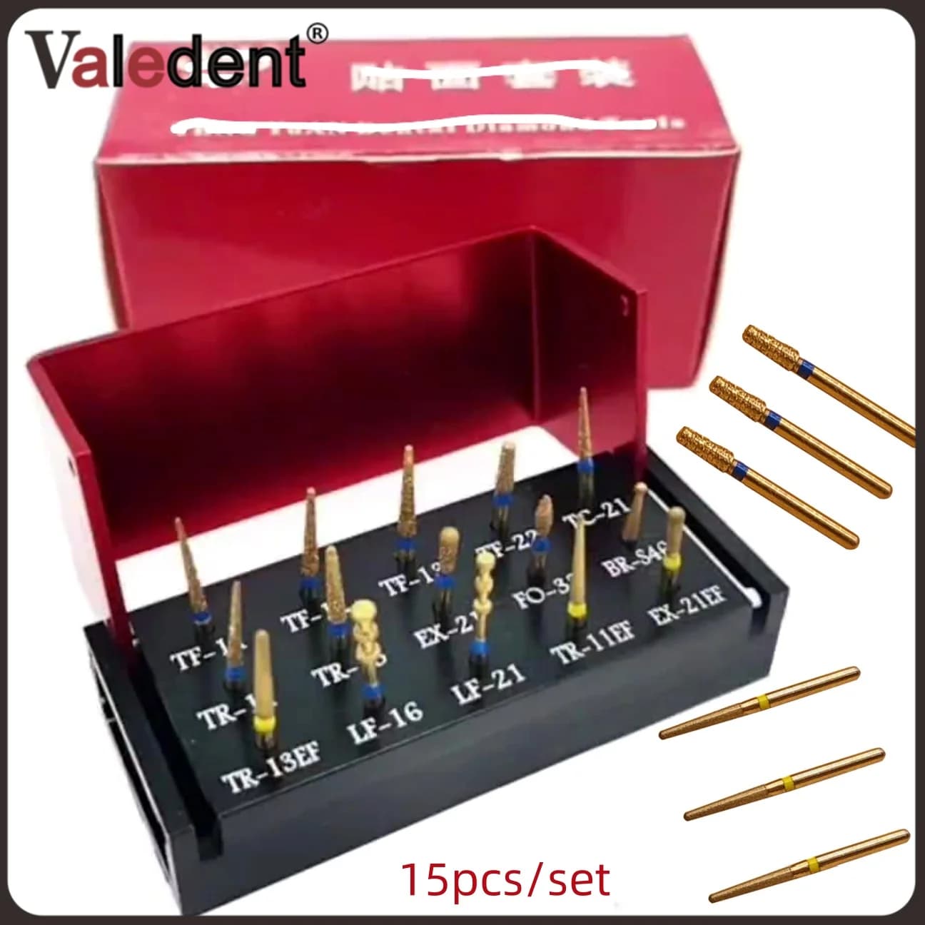 15 pz Set Dentale Frese Diamantate Trapano Impiallacciatura Dorata Fresa Disinfezione Scatola di Alluminio Blocco Titolare Dentista Manipolo Ad Alta Velocità Strumento