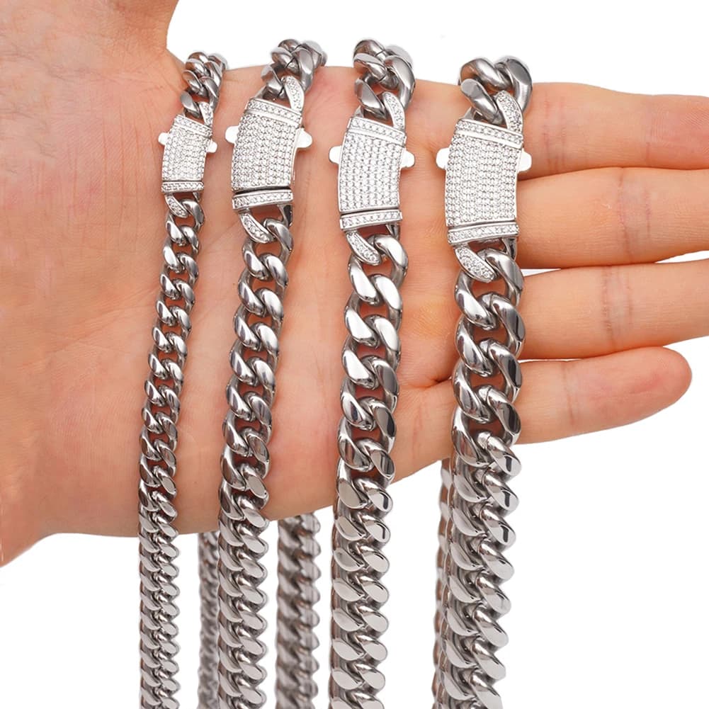 8mm/10mm/12mm/14mm Men's 316L Stainless Steel Curb Cuban Link Chain Necklace with Full CZ Lock Never Fade