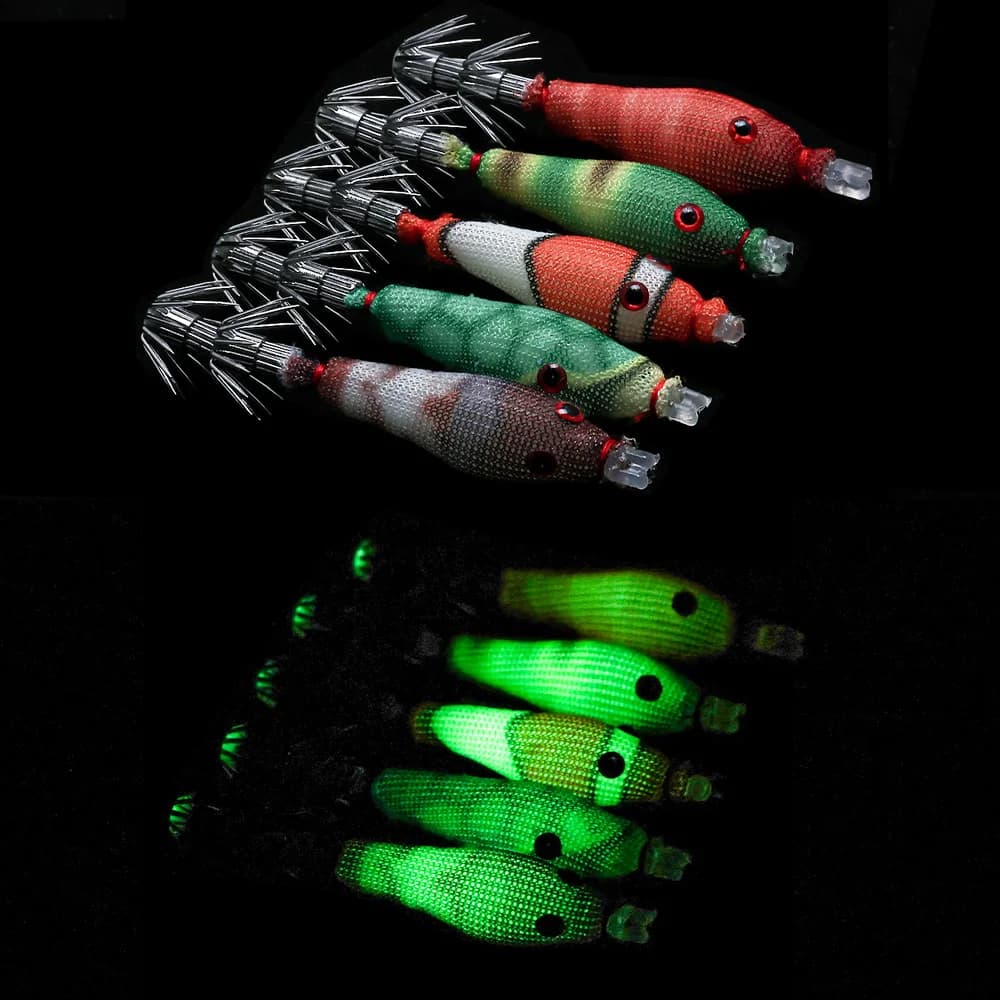 5 pezzi/pacco ganci luminosi morbidi per calamari, esca finta per calamari simulati, rete da pesca con gancio per lenza collegato, gancio per tubo che soffia