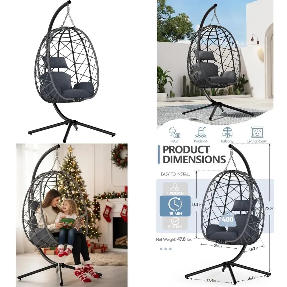 Outdoor patio rocking chair with support, hanging egg chair for garden and courtyard, indoor hammock chair with cushion, supports