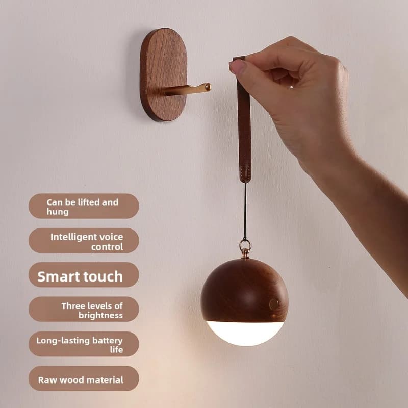 Ottima lampada portatile in legno massello con controllo vocale intelligente, ricaricabile tramite USB, luce notturna, lampada da parete, lampada da comodino, montaggio a parete senza cablaggio.