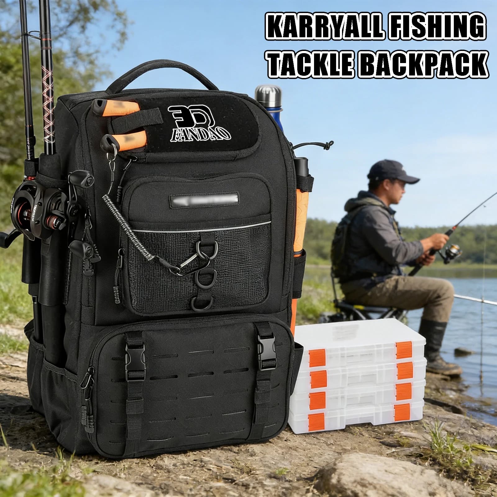 40 liters KarryAll fishing gear backpack with 4 boxes for fishing gear and equipment to store gifts for men father