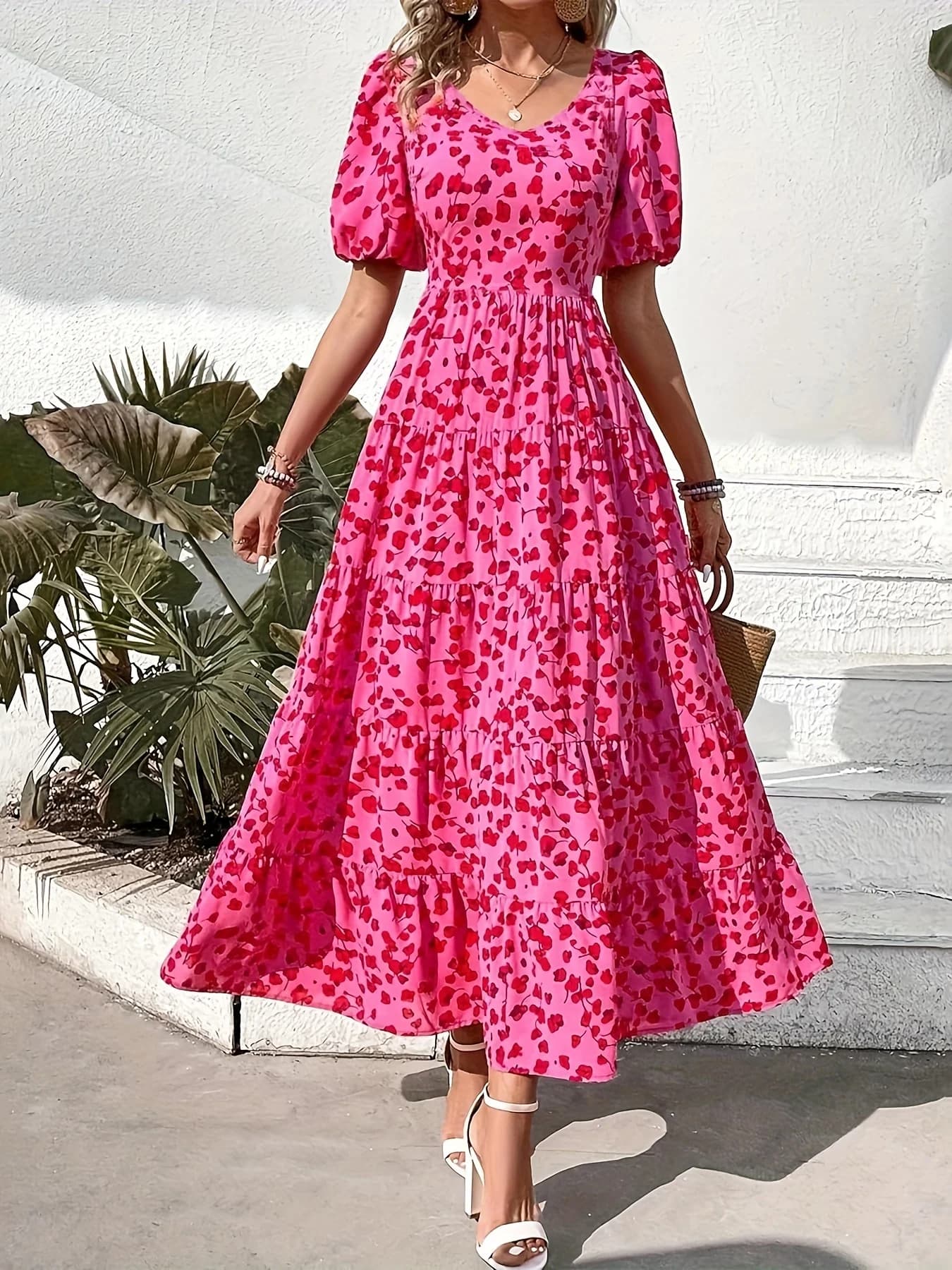 ITOOLIN Women Puff Sleeve Pleated Dress Printed Casual A-Line Long Dress Evening Holiday Dress Spring Summer Vestidos