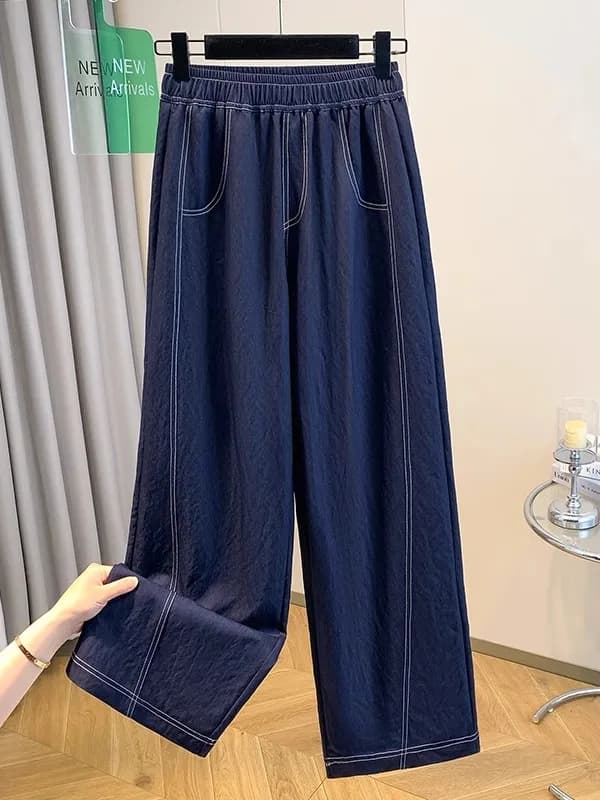 Deep Blue Thin Silk Denim Jeans Women's High Waist Straight Leg Wide Leg Pants Spring Summer New Style plus Size Elastic Waist