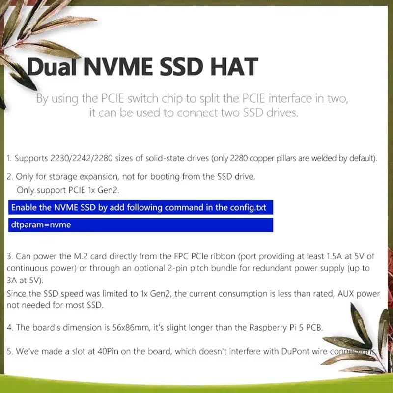 New-MPS2280D For Raspberry Pi 5 PCIE A M.2 Dual NVME SSD HAT Support 2280/2242/2230 SSD PCB