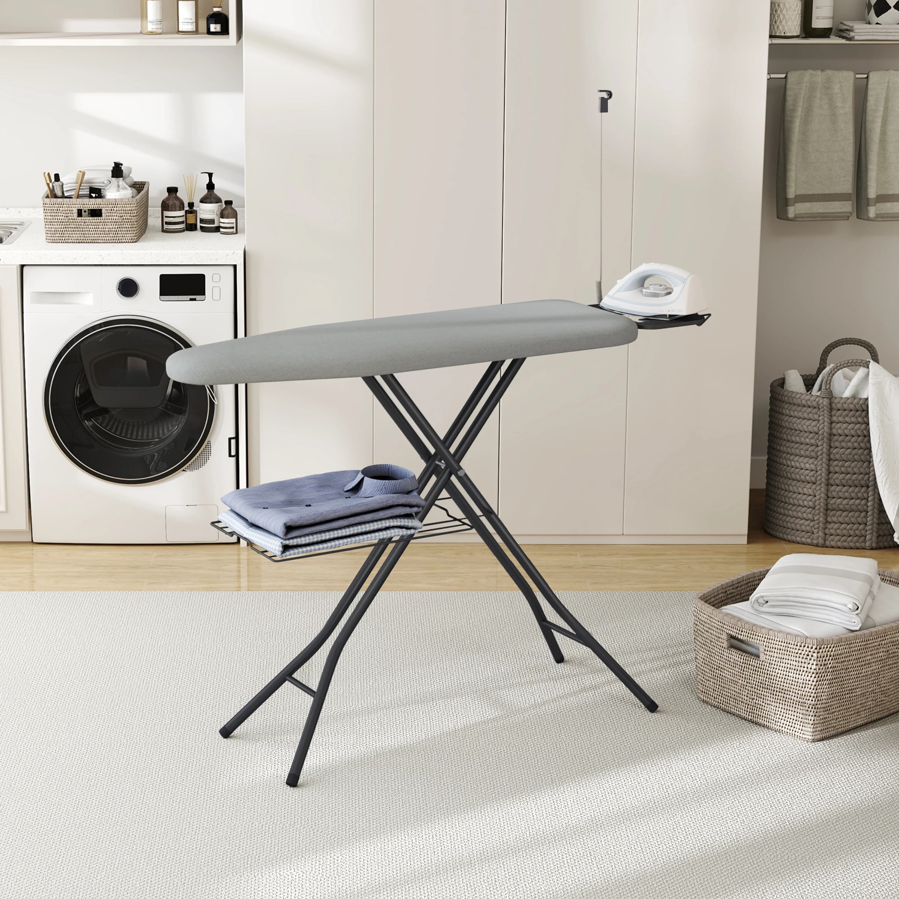 Costoffs Full Size Ironing Board with Clothes Rack Foldable & Height-adjustable Iron Table with Cord Holder/4 Legs/4-layer Pad