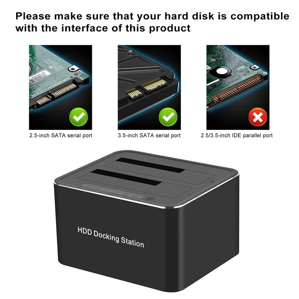 SATA to USB3.0 Dual Bay External Hard Drive Docking Station 5Gbps for 2.5/3.5" SSD HDD Fast Offline Clone12V3A Power Adapter