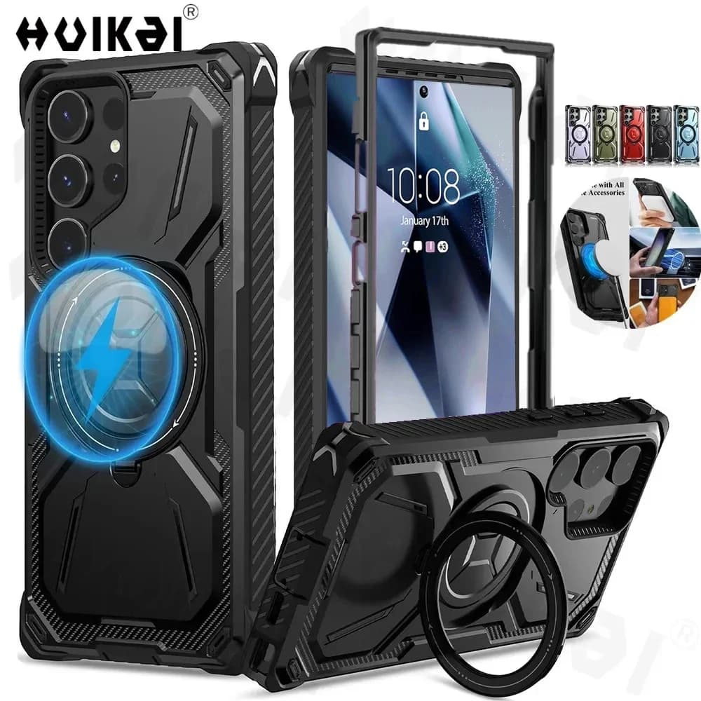 Custodia protettiva magnetica per Samsung Galaxy S24 Ultra S24 Plus S23 Cavalletto girevole protettivo per assorbimento degli urti resistente