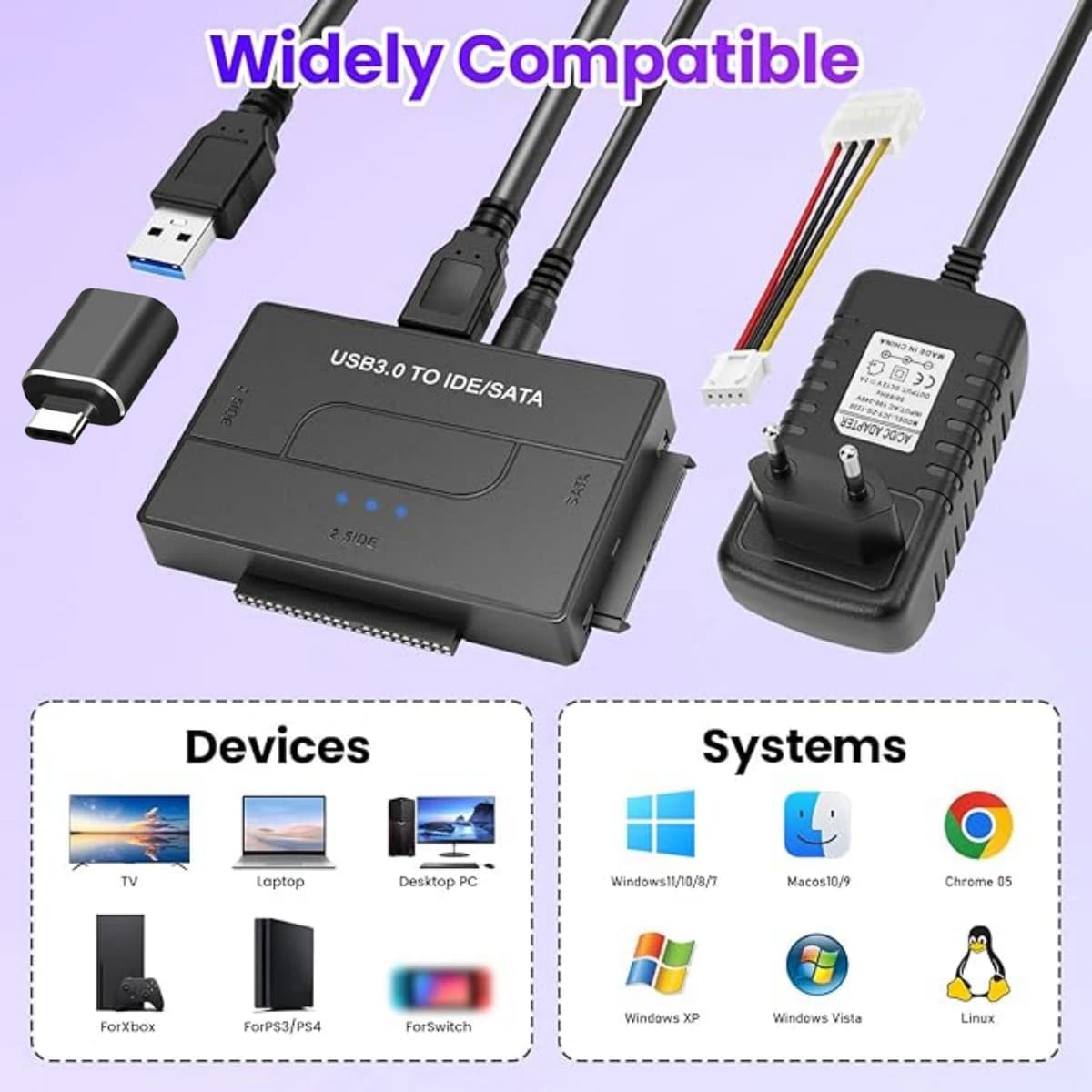 Adattatore USB 3.0 a IDE e SATA, Adattatore Universale per Disco Rigido Esterno 2.5 o 3.5" SATA o IDE HDD SSD, Convertitore da SATA a USB 3.0