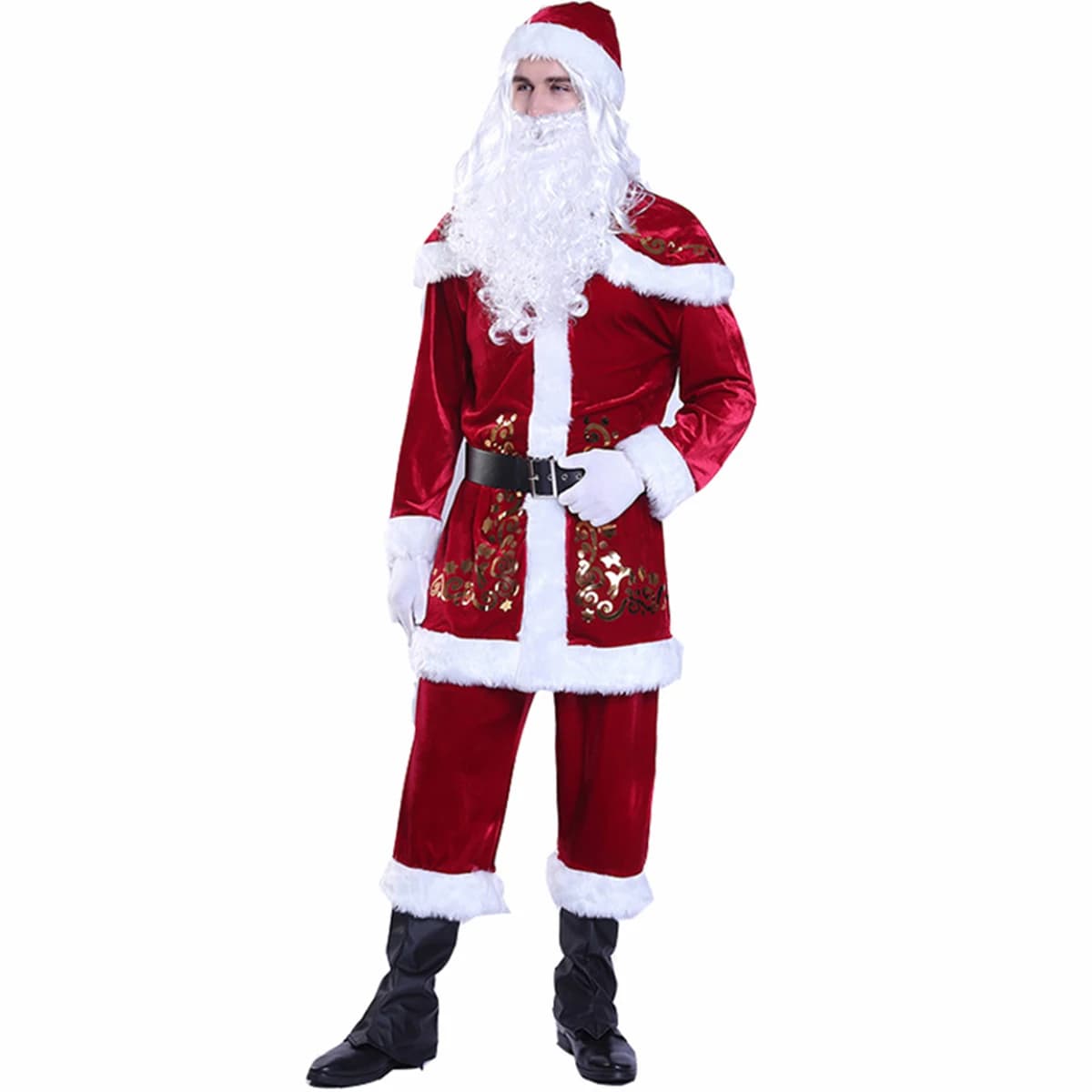 Santa Claus costume set, hat + shawls + shirt + wide trousers + shoes + gloves + waist belt, Santa Claus dress for adults / children in deluxe velvet