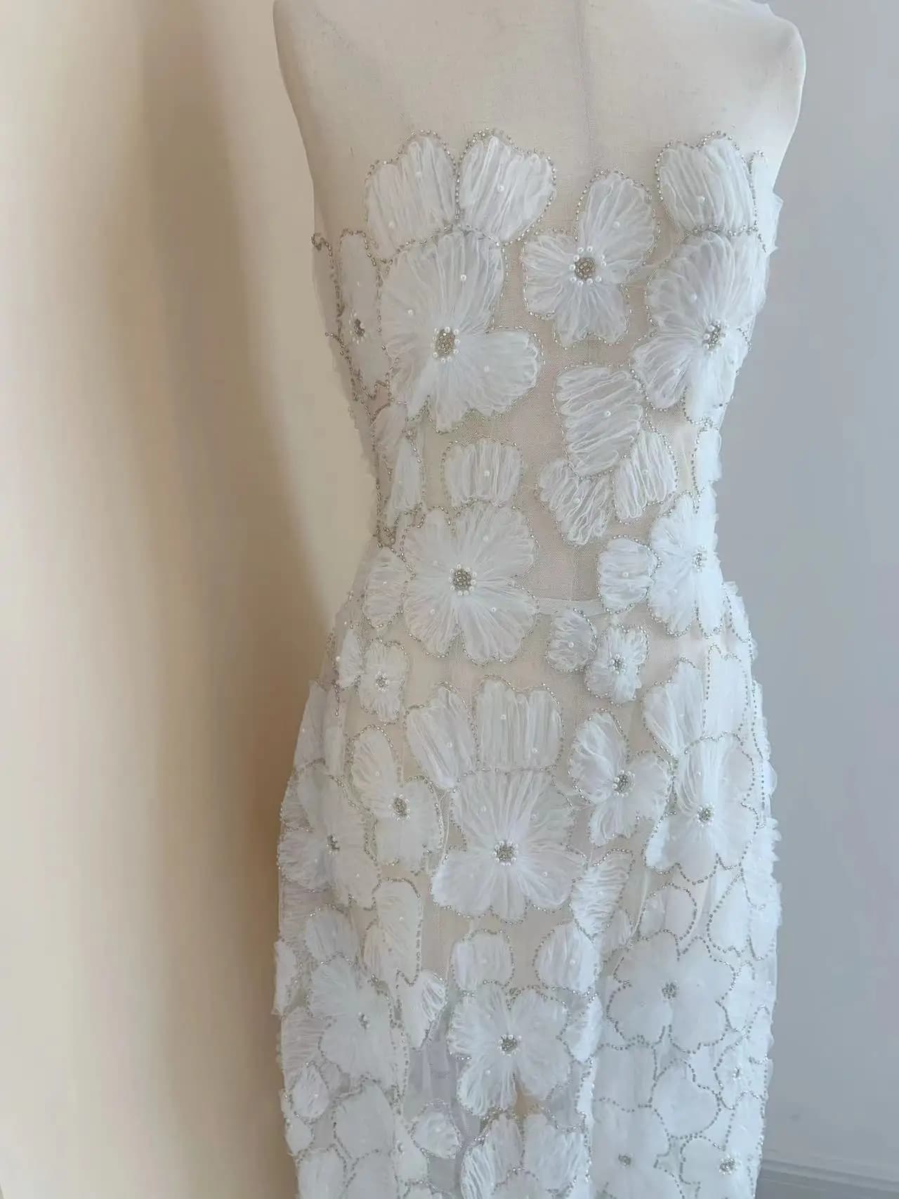 1 Yard 3D Pearl Beaded Embroidery Flower Applique Off White French Tulle Lace Fabric for Wedding Dresses,Light Blue Ball Gown