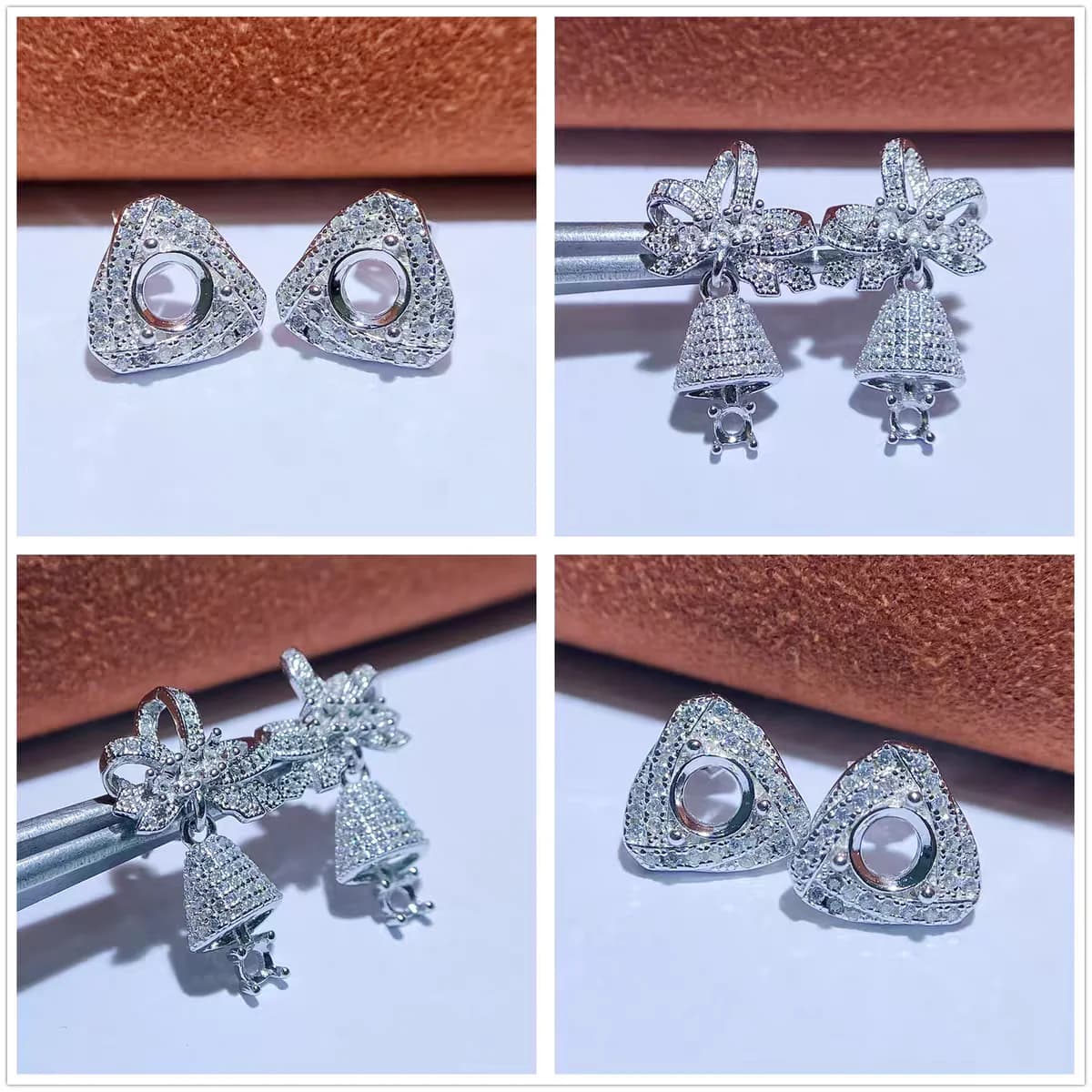 MeiBaPJ 3mm/5mm Round Stones FAI FROM TE 925 Silver Empty Set Christmas Bell Earrings with Pin Fine Band Wedding Jewelry for Women