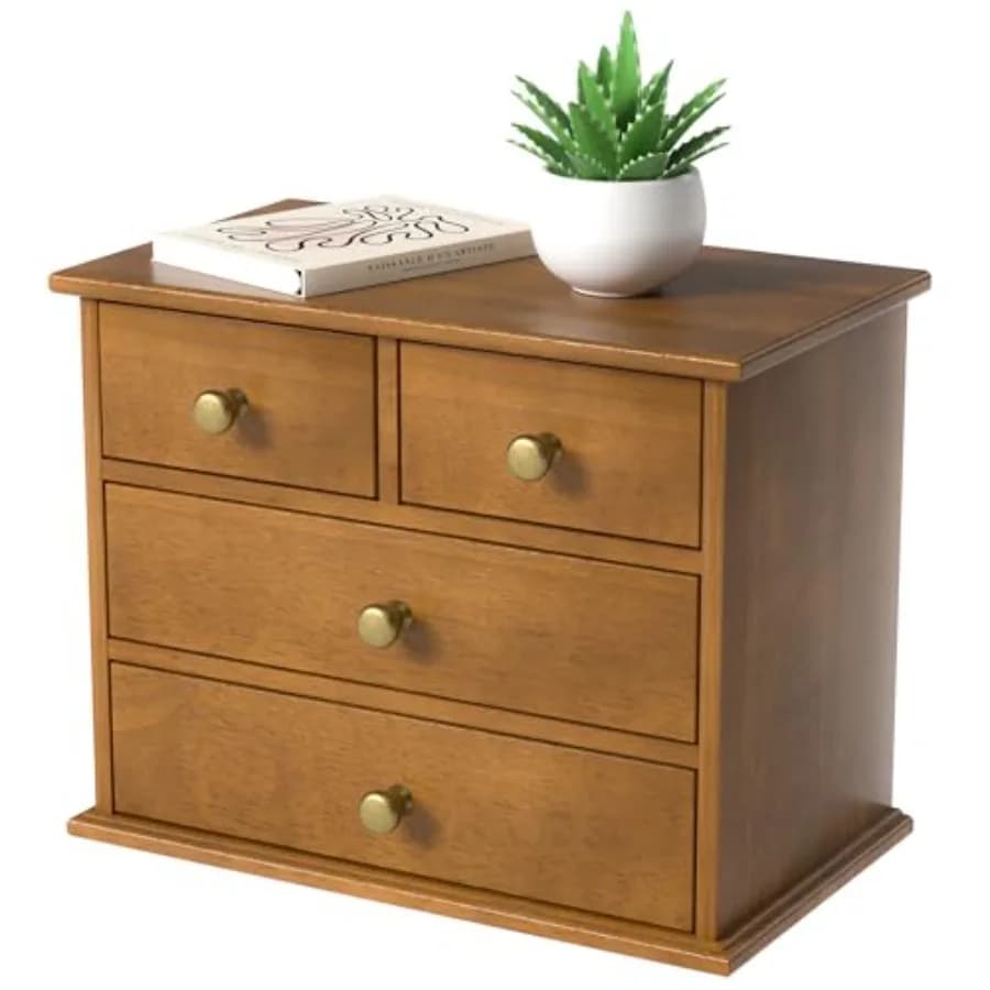 Organizer da Scrivania in Quercia con Cassetti, Scatola Portaoggetti in Legno Resistente con Maniglie in Metallo e Cuscinetti Antiscivolo in Silicone, 4 Cassetti