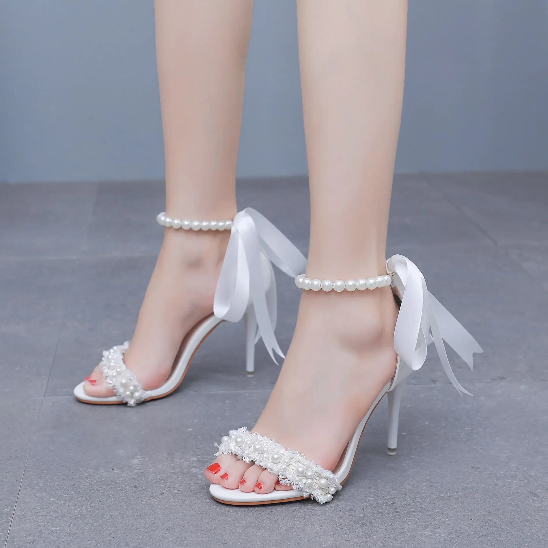 Sandali da donna con tacco a spillo e perle, sexy, aperti, eleganti, per matrimoni e feste