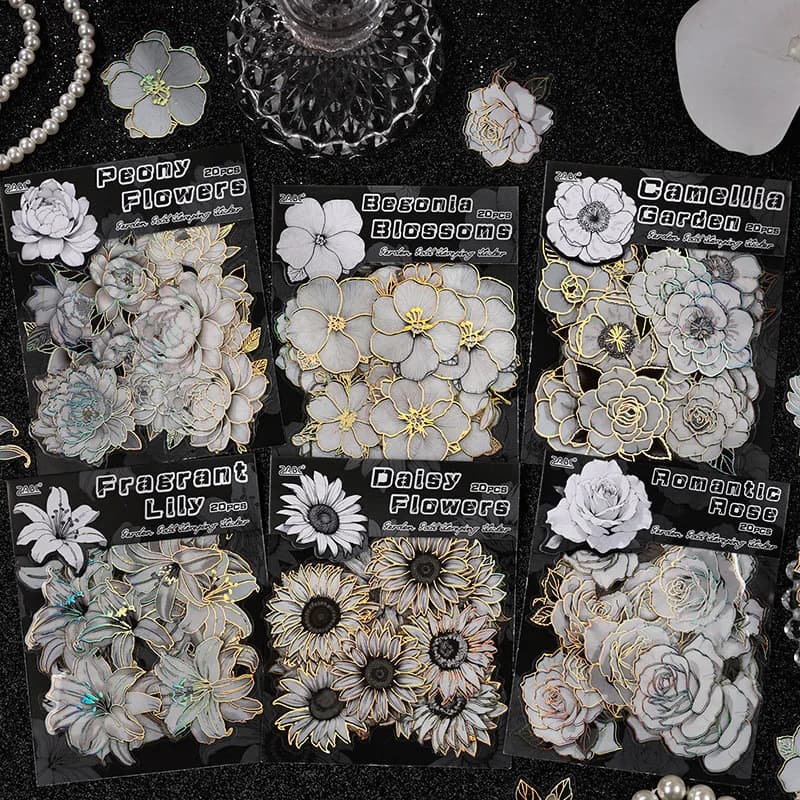 20pcs Flowers Gold Foil Stickers Set PET Stickers Pack for Scrapbooking Junk Journals Diary Decoration Collage Album Stickers