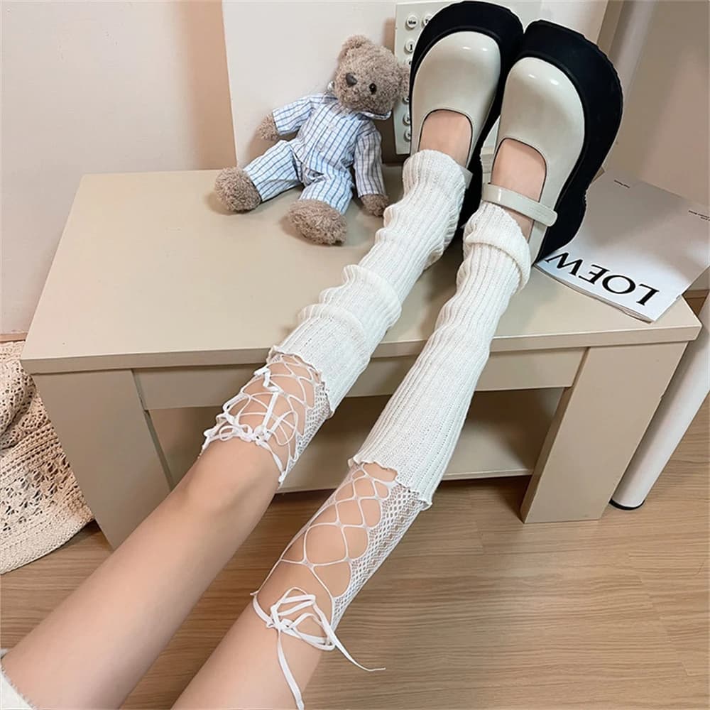 Calzini a tubo centrale giapponesi Coprigambe caldi lavorati a maglia da donna Calzini sexy al polpaccio in rete Lolita Kawaii Calzini alti a rete cava a rete Y2K