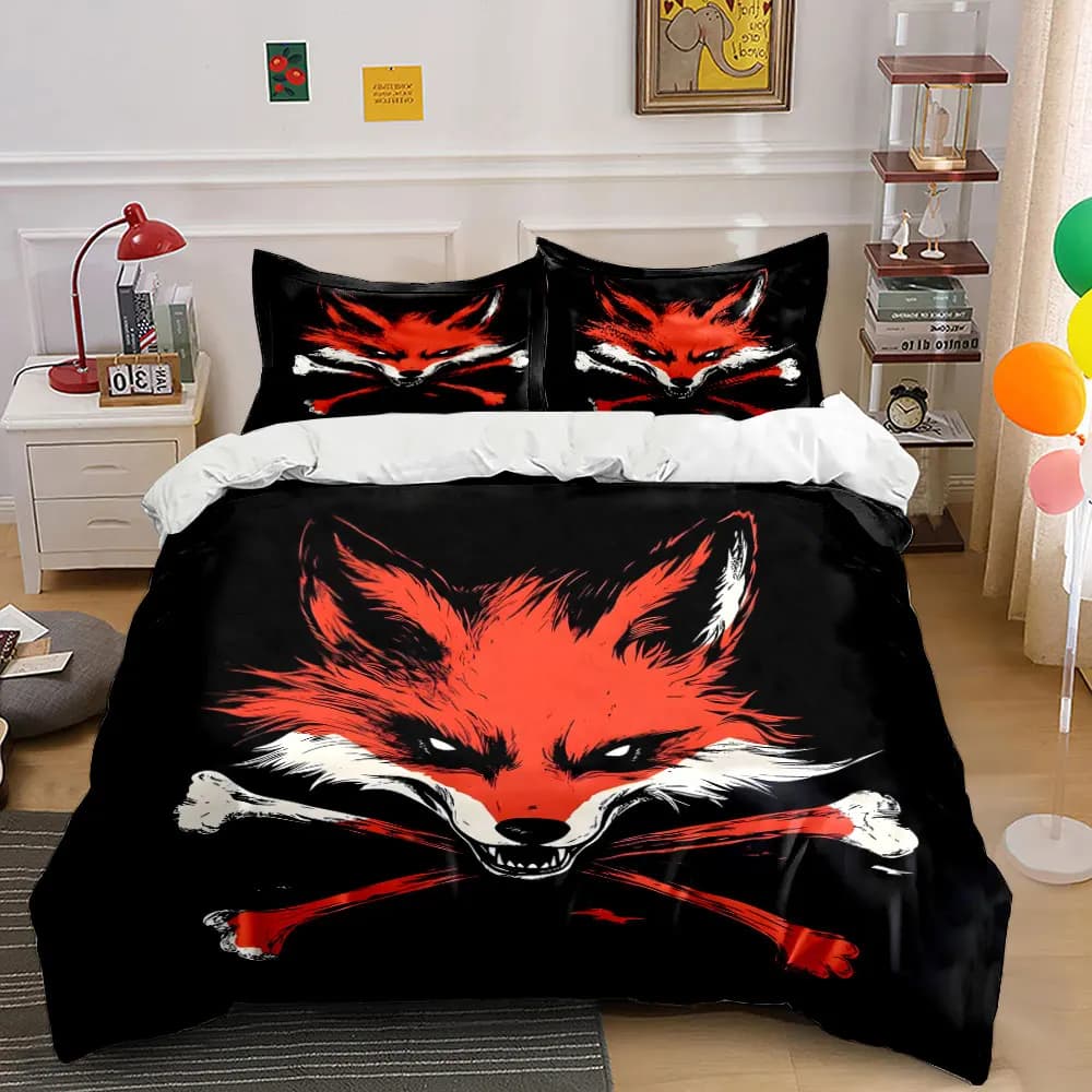 Set di biancheria da letto con stampa volpe rossa e ossa incrociate, 1 copripiumino, 2 federe per adulti e bambini, regalo di lusso, misura completa