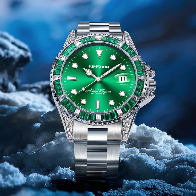 Orologio Automatico da Uomo in Acciaio Inossidabile con Diamanti, Verde Submariner, Luminoso, Impermeabile, Cinturino in Acciaio di Precisione