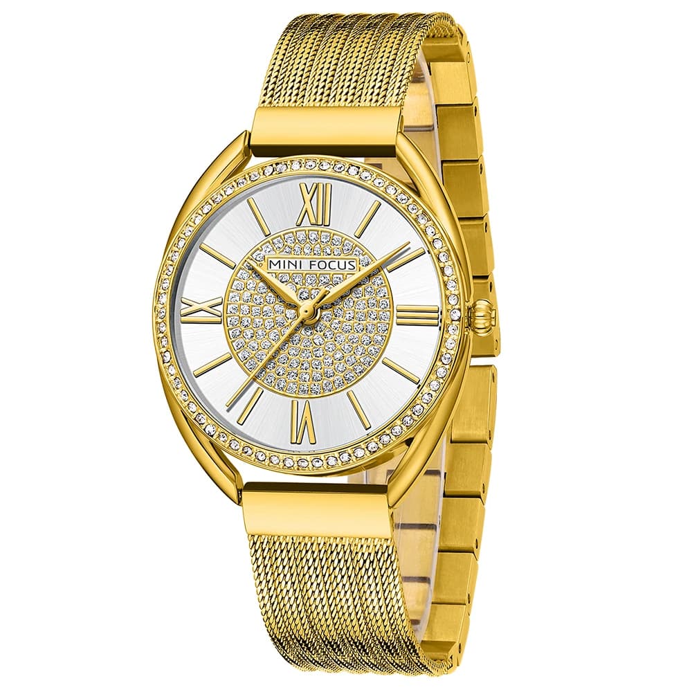 MINIFOCUS Women's Luxury Diamond-Set Watch, Japanese Quartz Movement Stainless Steel Mesh Bracelet Elegant Fashion Wristwatch