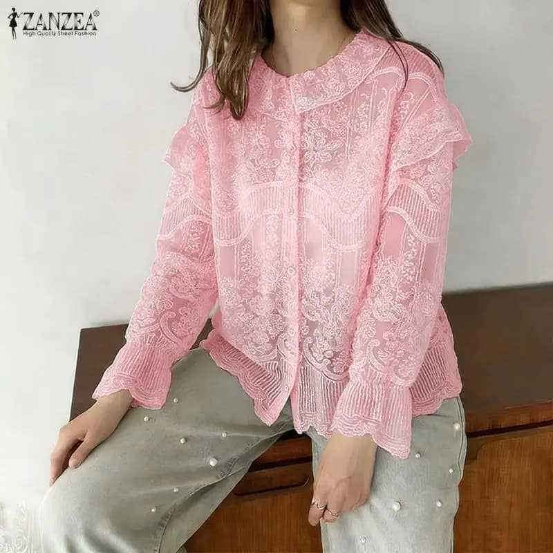 ZANZEA Camicetta Donna 2026 Estiva a Maniche Lunghe con Pizzo Patchwork, Elegante Casual con Risvolto, Tinta Unita, per Ufficio - Blusas Femininas