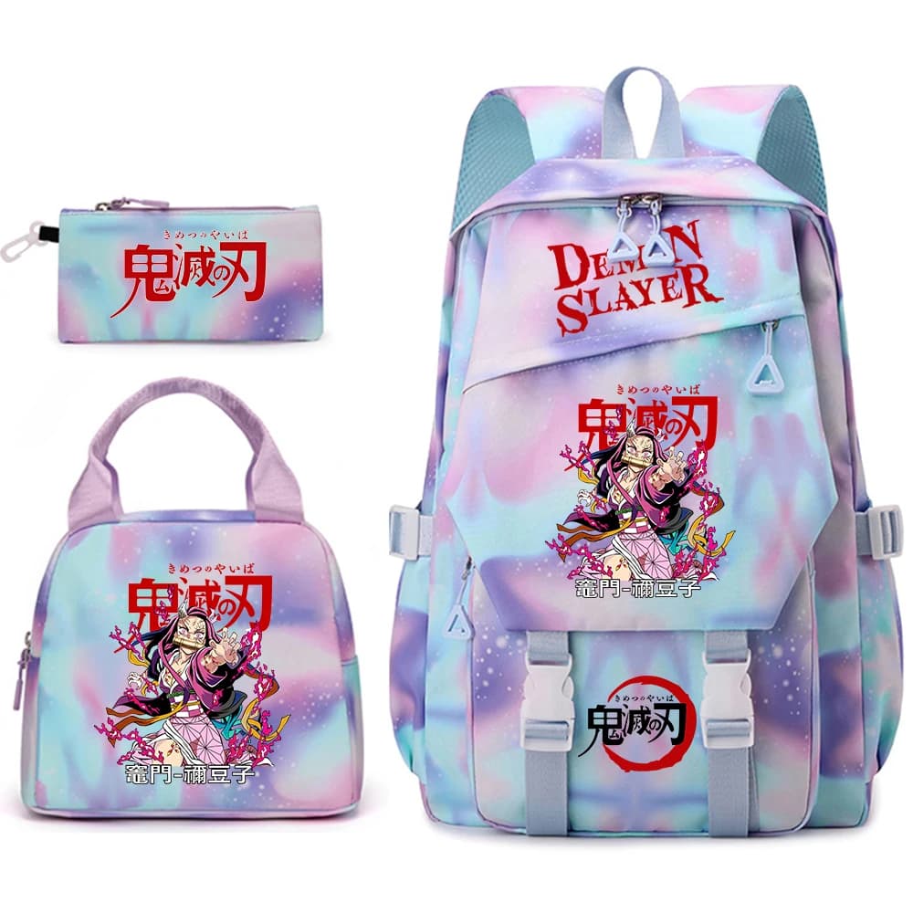 Set di 3 Pezzi Demon Slayer per Ragazze: Zaino Casual con Stampa Cartoon, Borsa per il Pranzo e Astuccio
