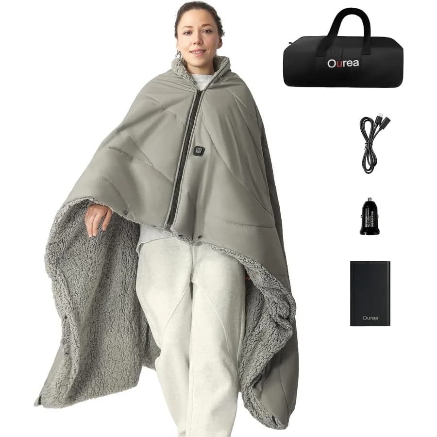 Coperta riscaldata a batteria Ourea 12V Coperta elettrica senza fili con Power Bank da 20000 mAh Riscaldata portatile per esterni