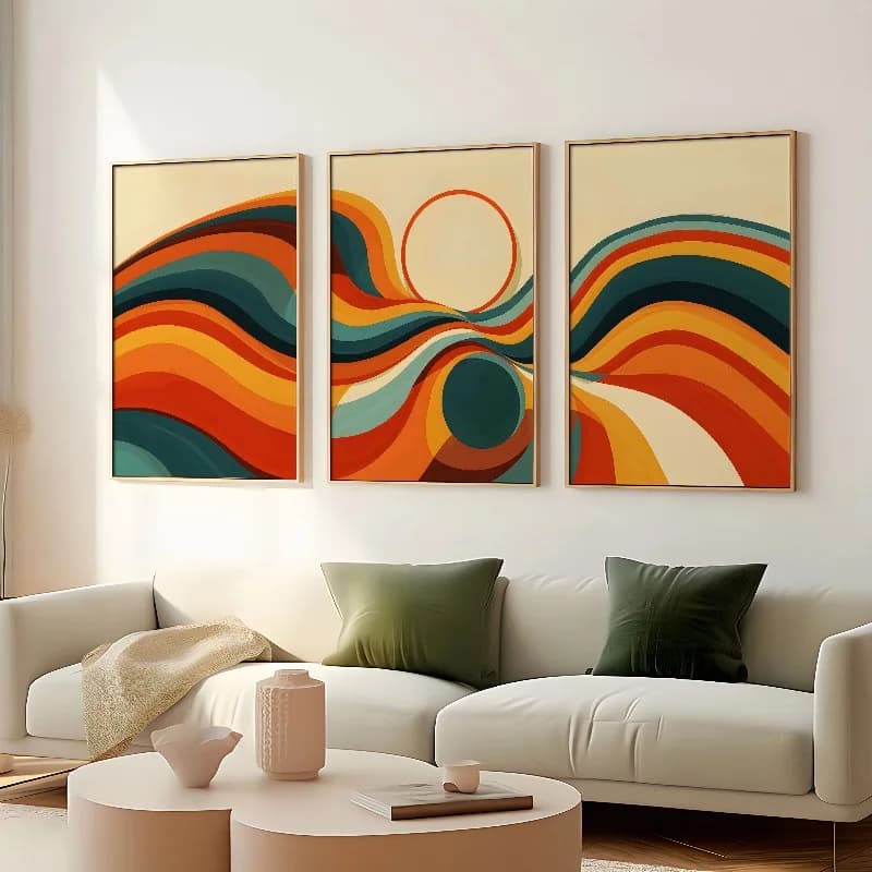 Set of 3, Three Piece Retro Abstract Wall Art, 1970s 1960s Vibes, Abstract Wave Art Print: Bold Reds, Yellows & Earthy Tones
