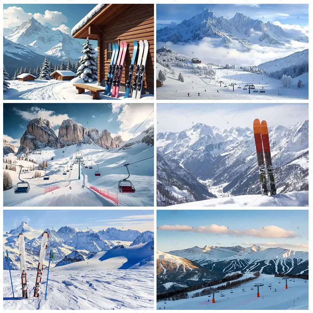 Snowy Mountain Ski Resort Fotografia Sfondo Forniture Cavo Auto Scena di sci Sfondo Banner Sport invernali Decorazione per feste