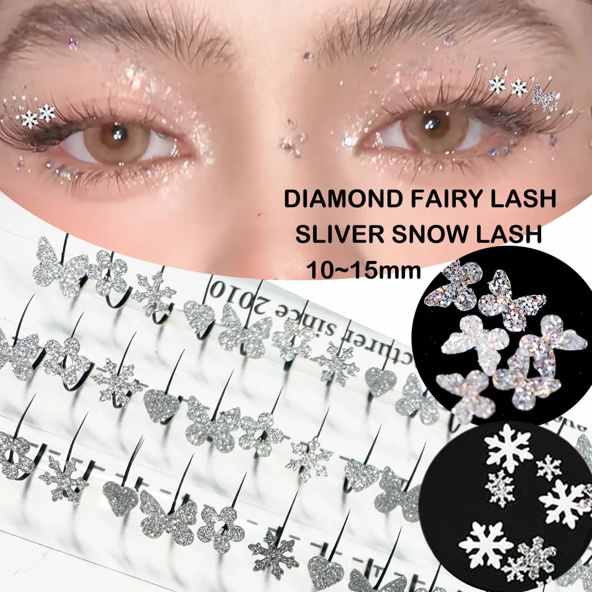 Ciglia Finte Individuali Domi Lash con Glitter Diamantati, Farfalle, Cuori e Fiocchi di Neve, Paillettes Argento Lucide per Trucco da Festa