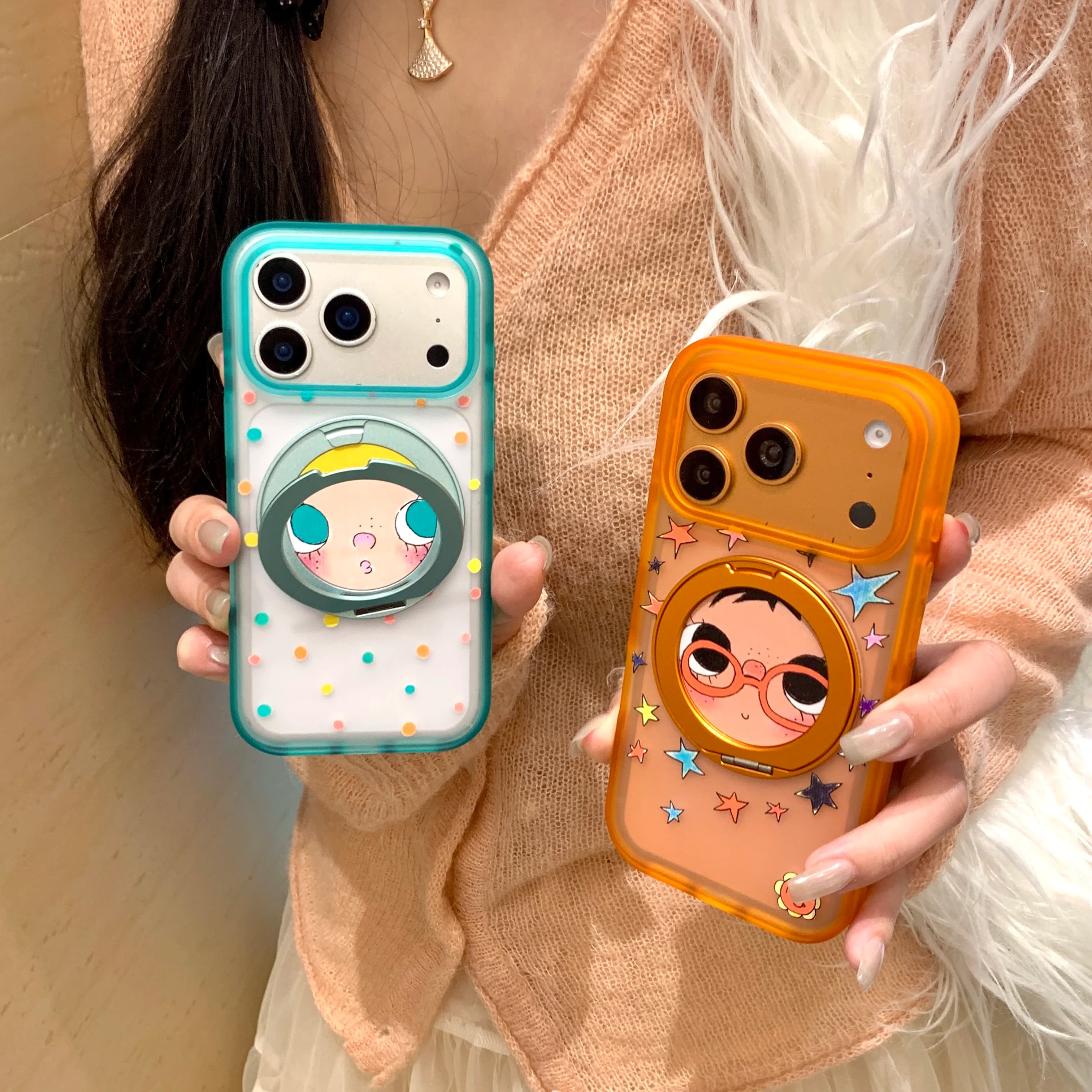 Funny Cartoon Glasses Girl Phone Case for iPhone 15 Pro 16 Max 17 Pro Max Funda With 360 ° Bracket Korean Cute Shockproof Cover
