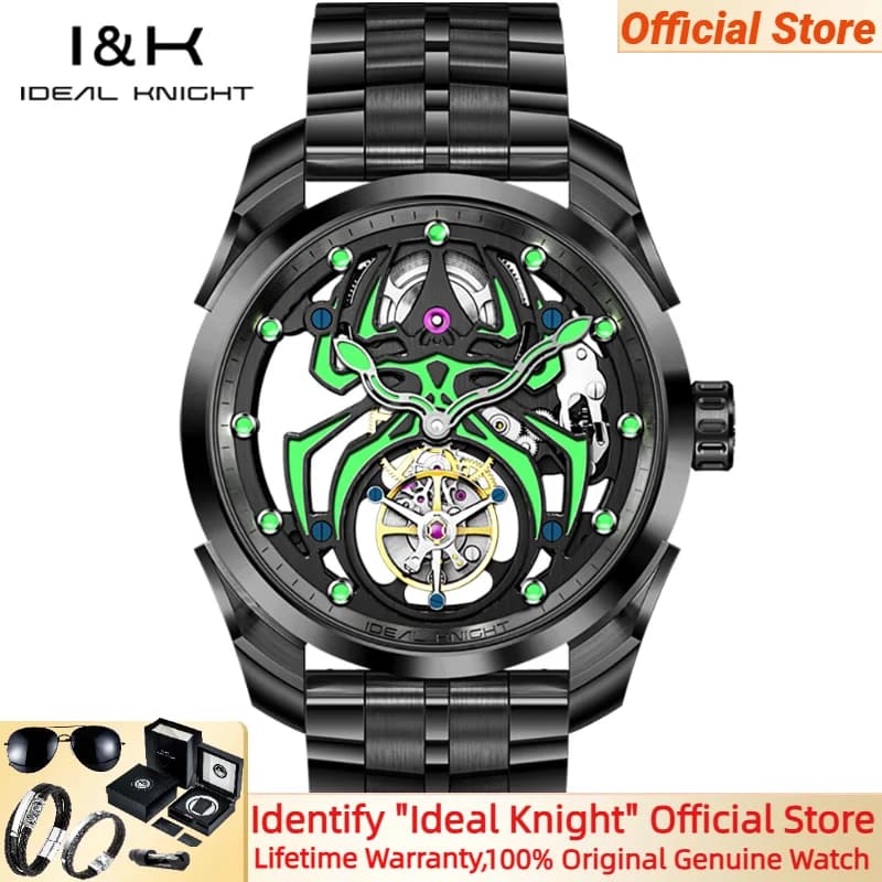 IDEAL KNIGHT NO: 6802 Orologio tourbillon reale da uomo Orologio meccanico automatico con scheletro di ragno luminoso in acciaio nero