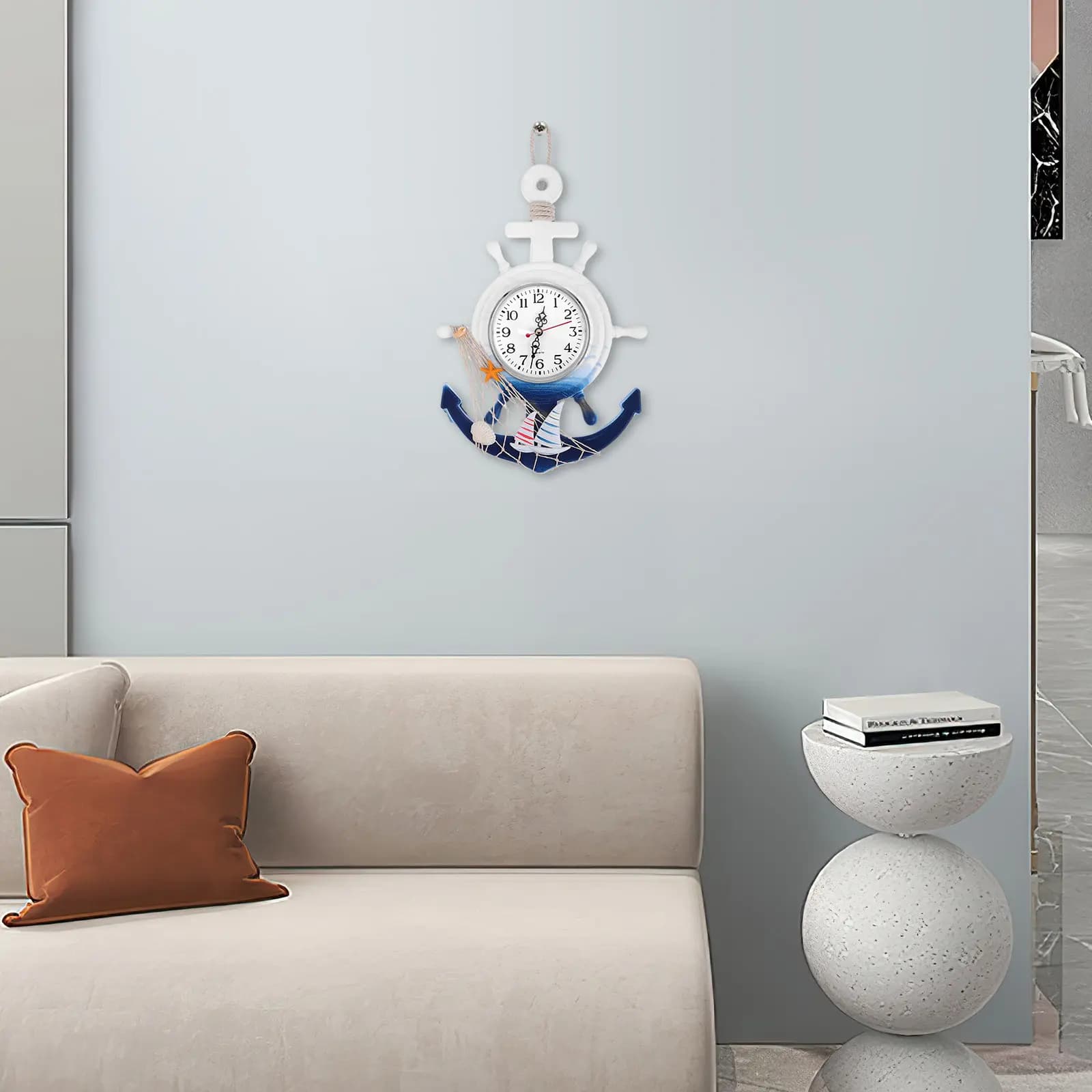 Orologio da Parete in Stile Mediterraneo con Ancora, in Legno e Plastica, con Superficie a Specchio Trasparente, Decorazione per la Casa