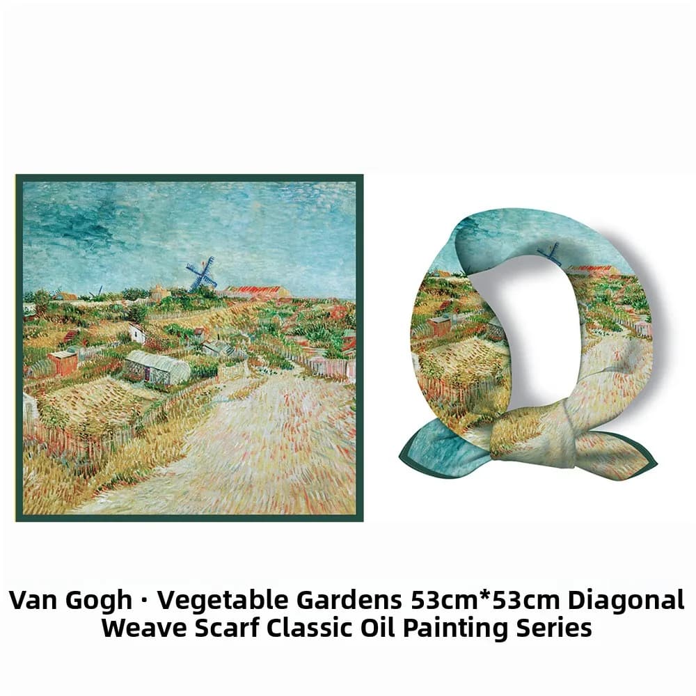 Nuova Sciarpa Quadrata Piccola in Twill di Seta da 53 cm con Stampa Serie Pittorica Van Gogh Giardino di Montmartre, Decorativa, Utilizzabile anche come Cravatta