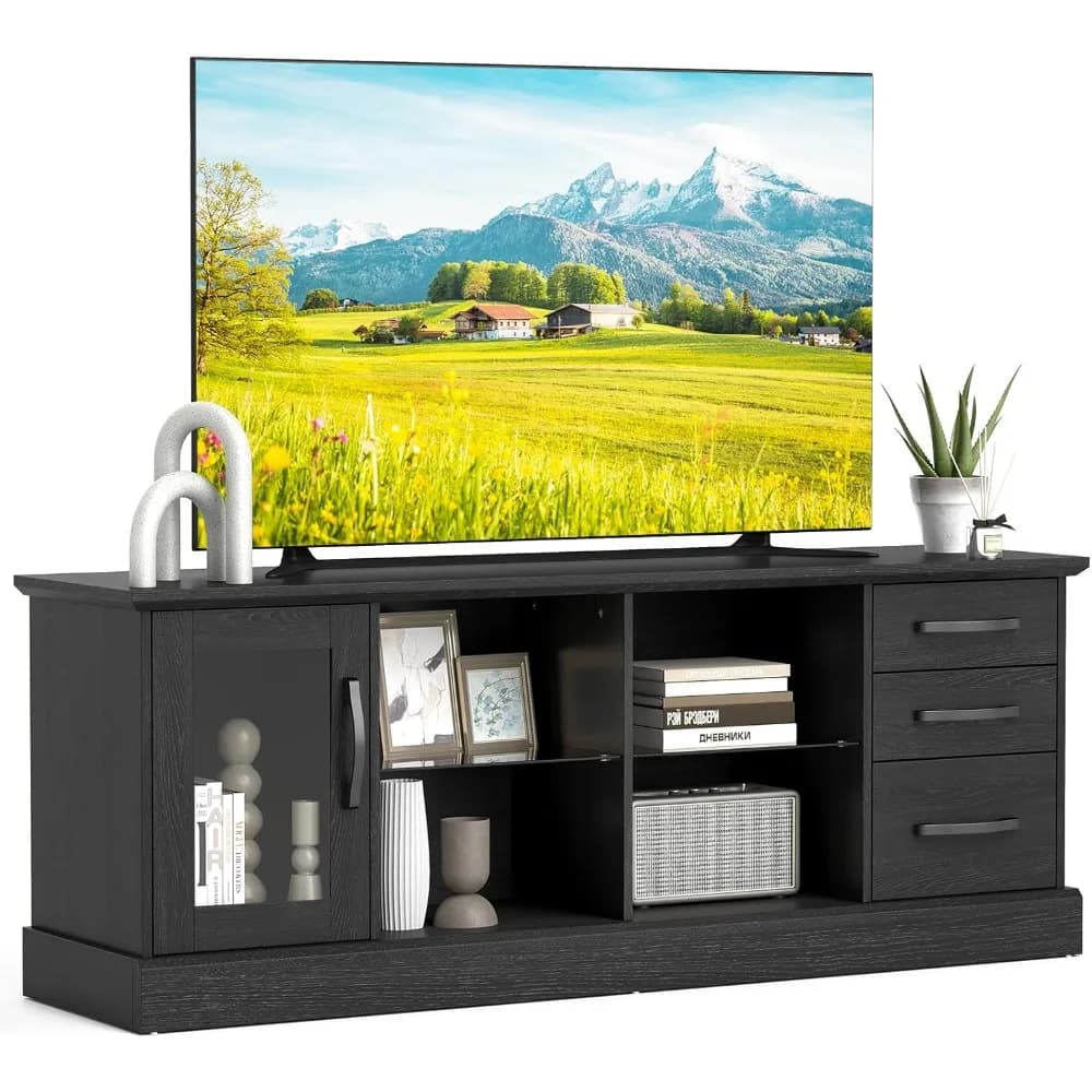 Supporto TV Farmhouse per TV da 73 pollici, tavolo consolle TV in legno con ripiani in vetro rimovibili, fori e cassetti per la gestione dei cavi