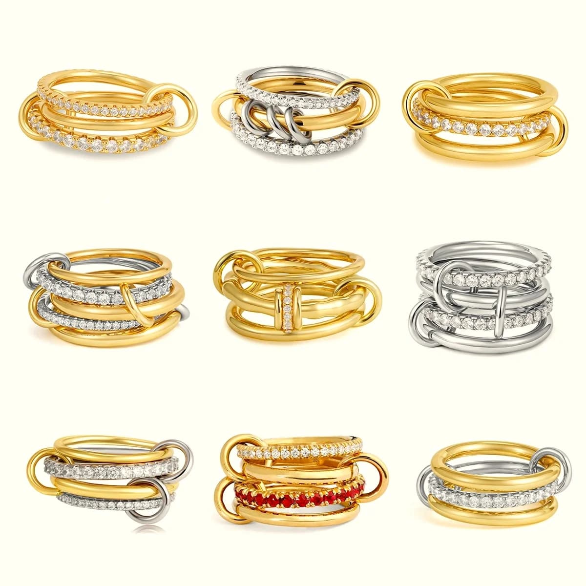 Luxury Cubic Zirconia Gold Plating Multilayer Connecting Rings for Women Fashion Mixed Color Stackable Finger Ring Party Jewelry