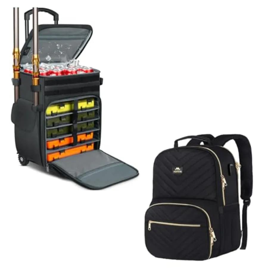 Wheeled equipment box with large fishing bag with refrigerator with wheels Ideal for outdoor adventures and daily trips Compar isolated refrigerant