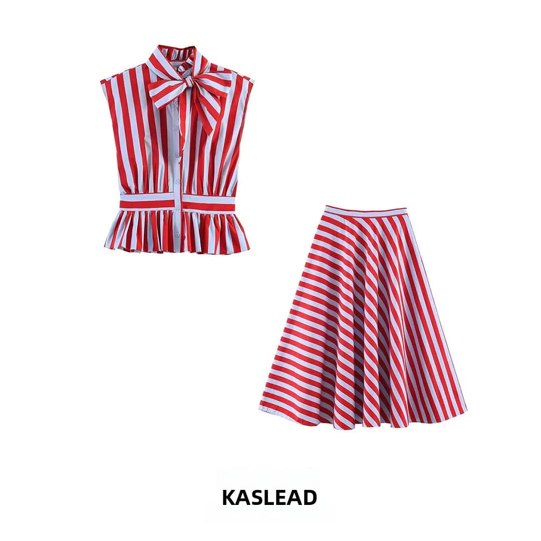 KASLEAD Women's Striped Shirt Skirt Set Knot Decorated Summer Fashion Outfit Sleeveless Regular Length