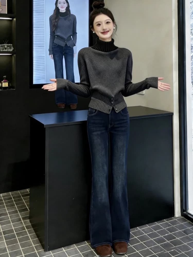 Sli High Ne Sweater Flared Jeans Set Women's 2026 Spring New Casual Slimming Versatile Two-Piece Set Women