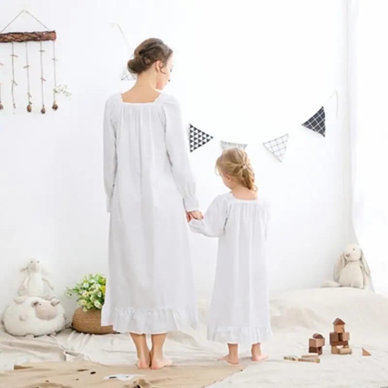97BE Abito da notte a tema principessa per ragazze mamme, camicia da notte in cotone, pigiama bianco, vestiti per casa, che